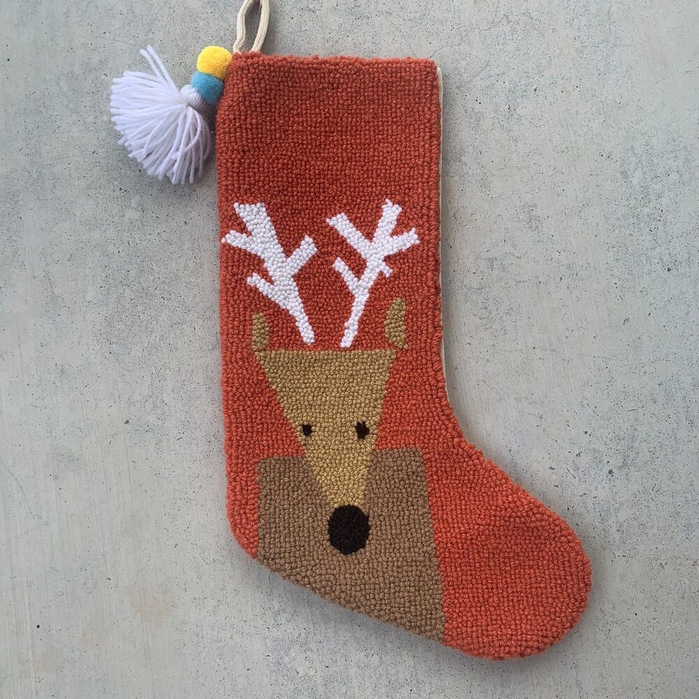 100% Hooked Wool Modern Reindeer Christmas Stocking 12"x20" Satin Backed